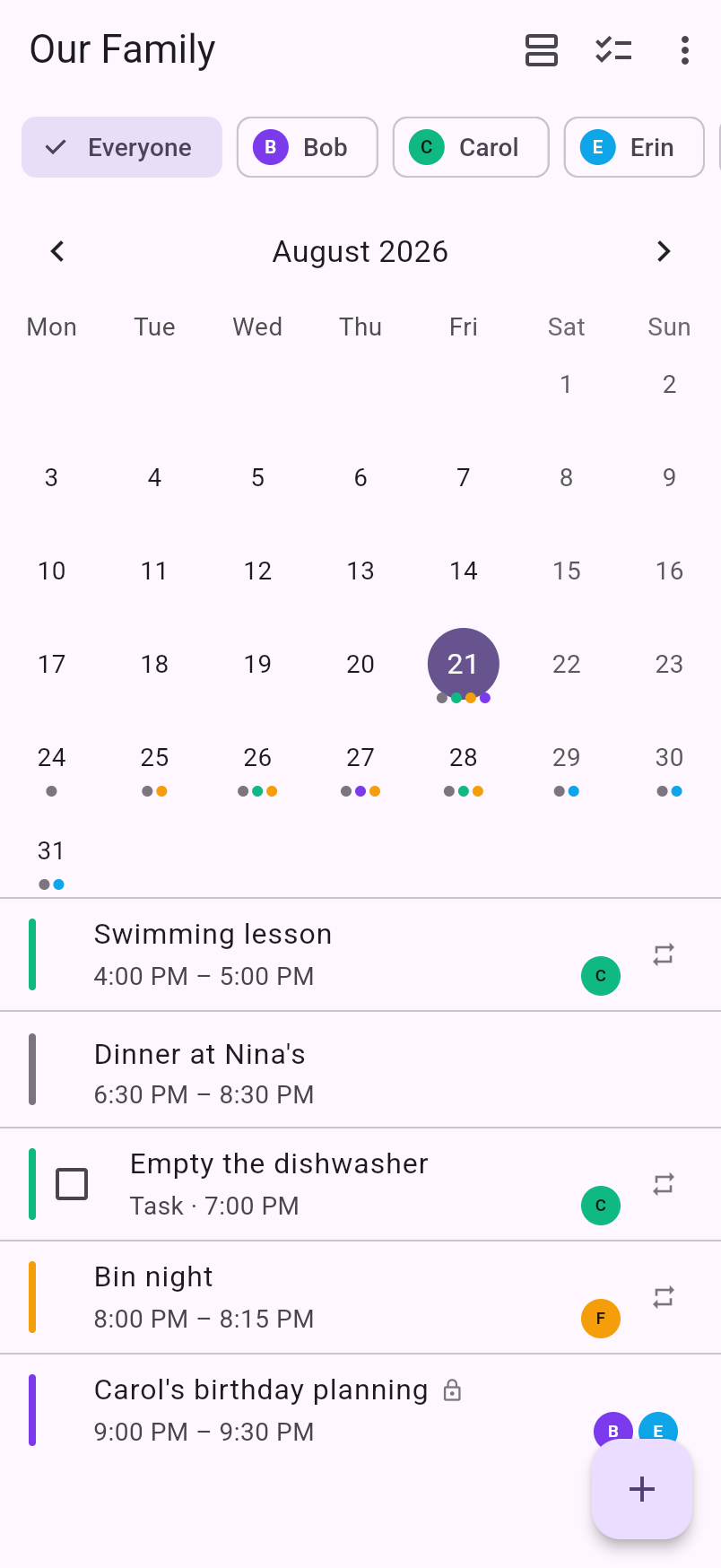 Everyone’s week, colour-coded per person